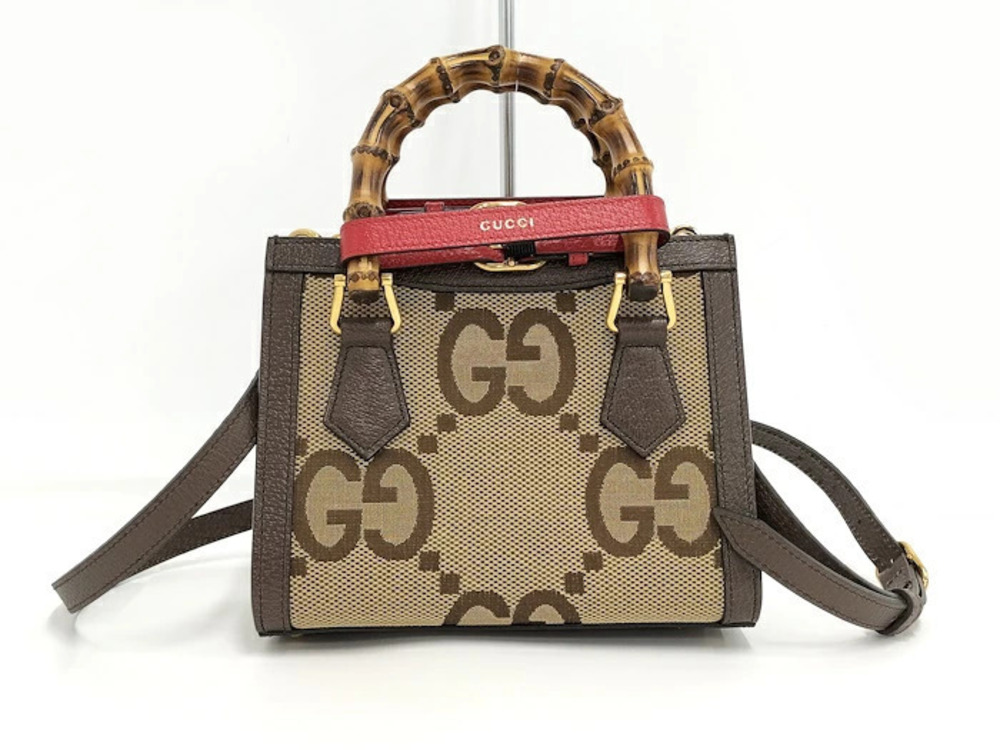 Gucci Jumbo Bamboo GG Bag Shoulder Diana Leather Canvas Black